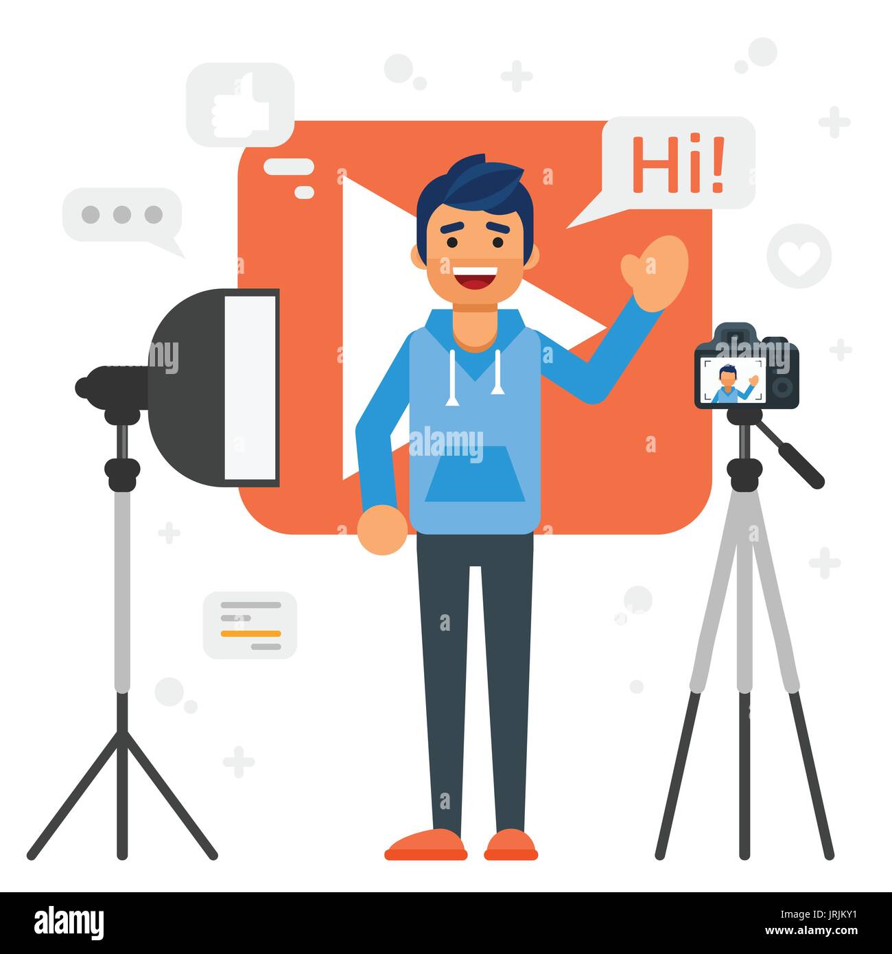 Vector flat style illustration of happy blogger man that records video blog. Vlog concept. Stock Vector
