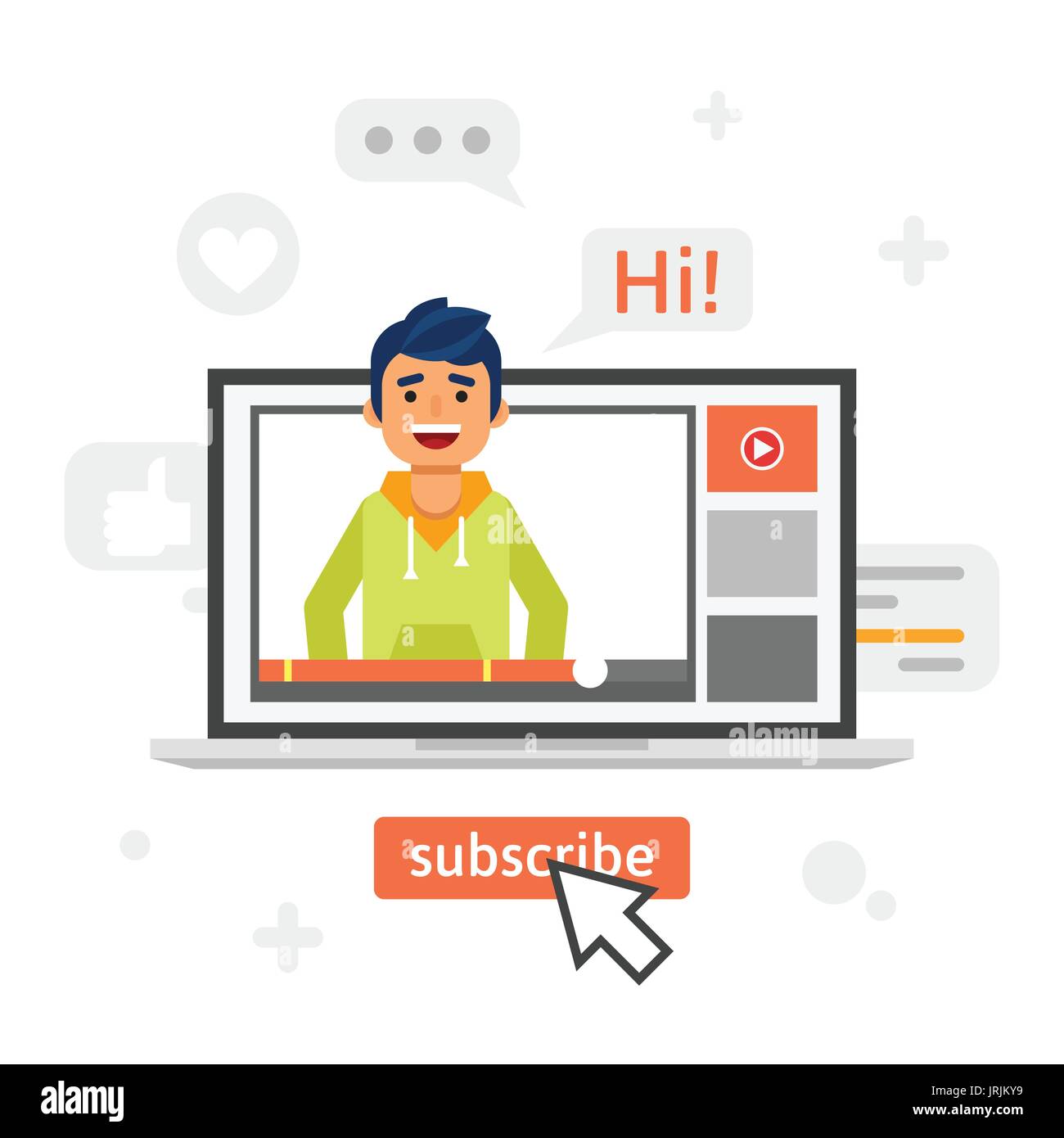 Vector flat style illustration of happy blogger man in a laptop. Vlog ...