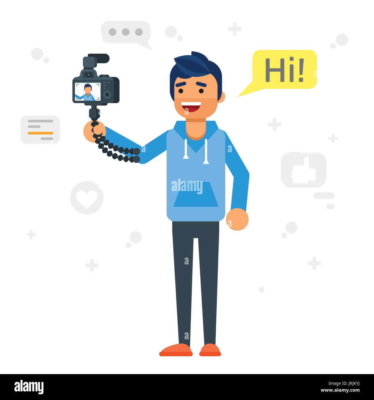 Vector flat style illustration of happy blogger man. Handsome man records video blog. Vlog concept. Stock Vector
