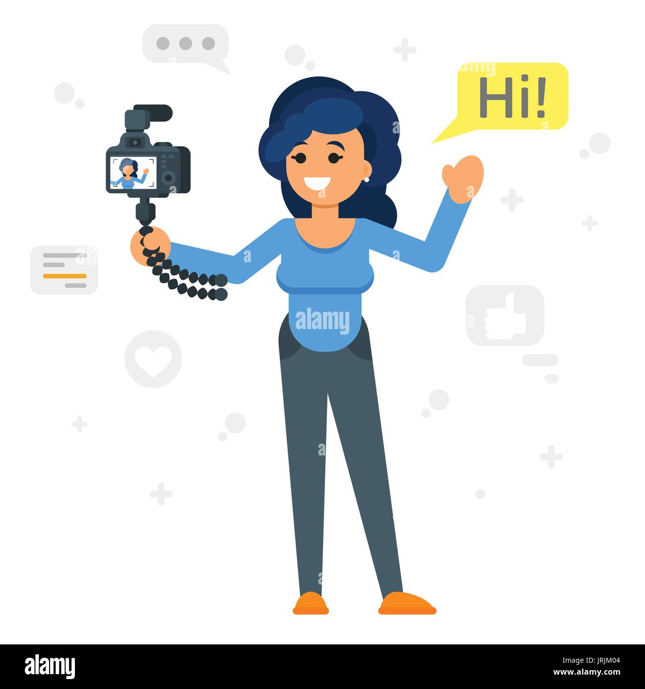 Vector flat style illustration of happy blogger girl. Handsome woman records video blog. Vlog concept. Stock Vector