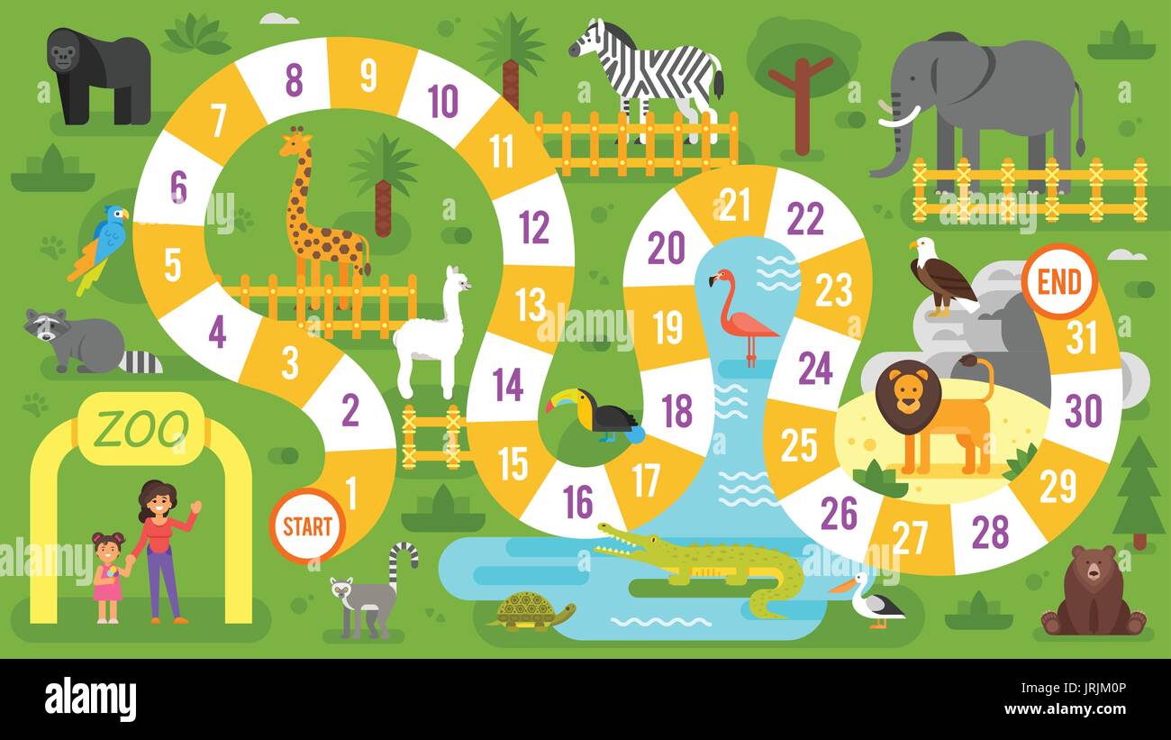 vector flat style illustration of kids zoo animals board game template for print stock vector image art alamy