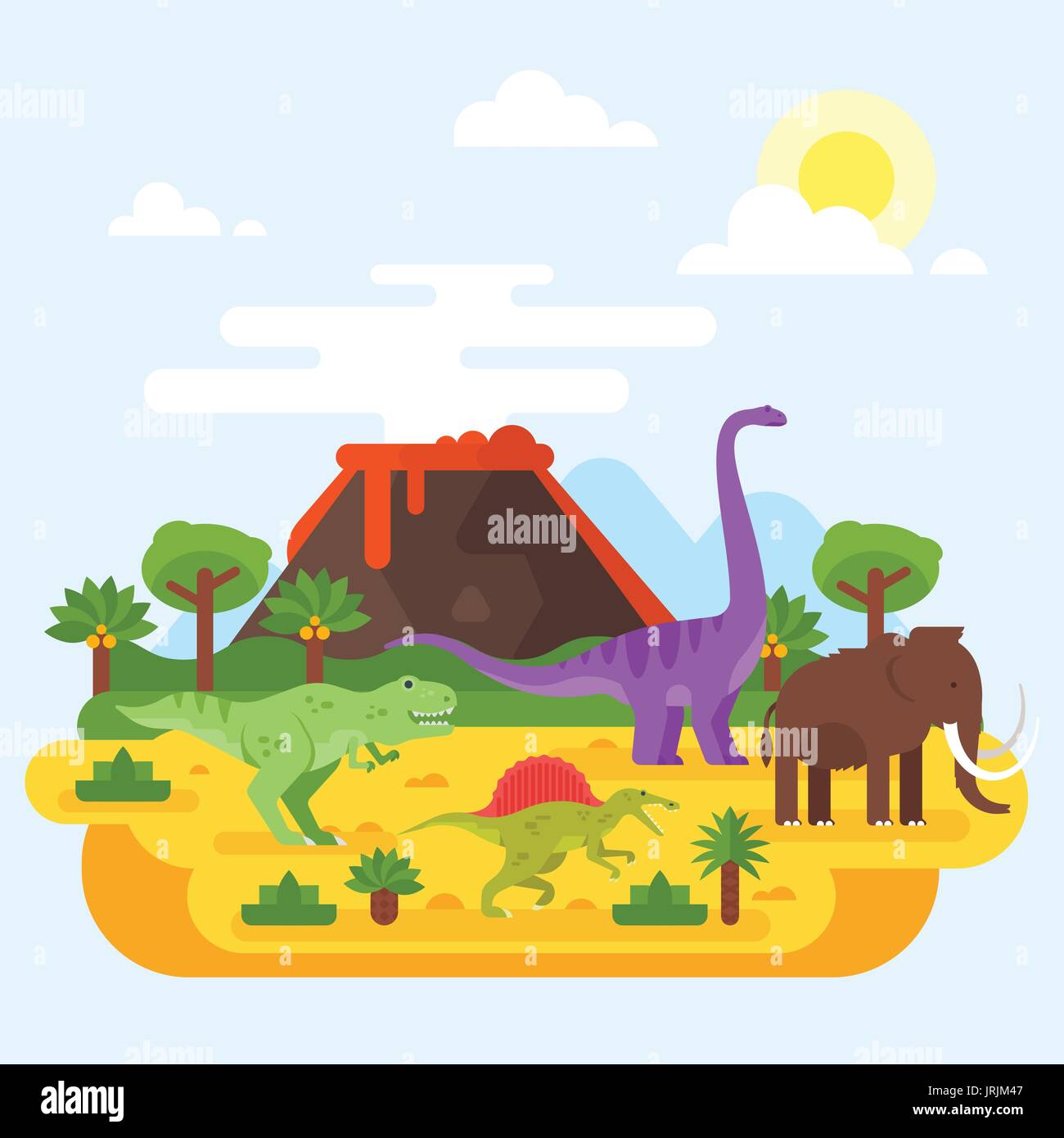 Vector flat style illustration of prehistoric landscape mountains and volcano with dinosaurs. Stock Vector