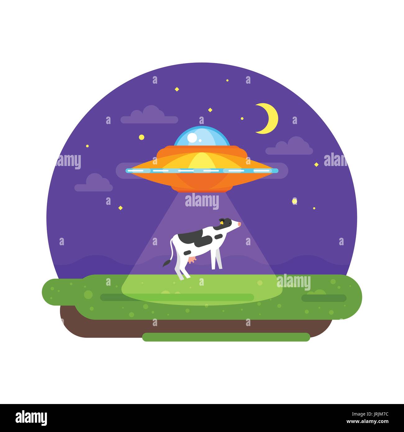 Vector flat style illustration of alien ship truing to abduct a cow at night. Isolated on white background. Stock Vector