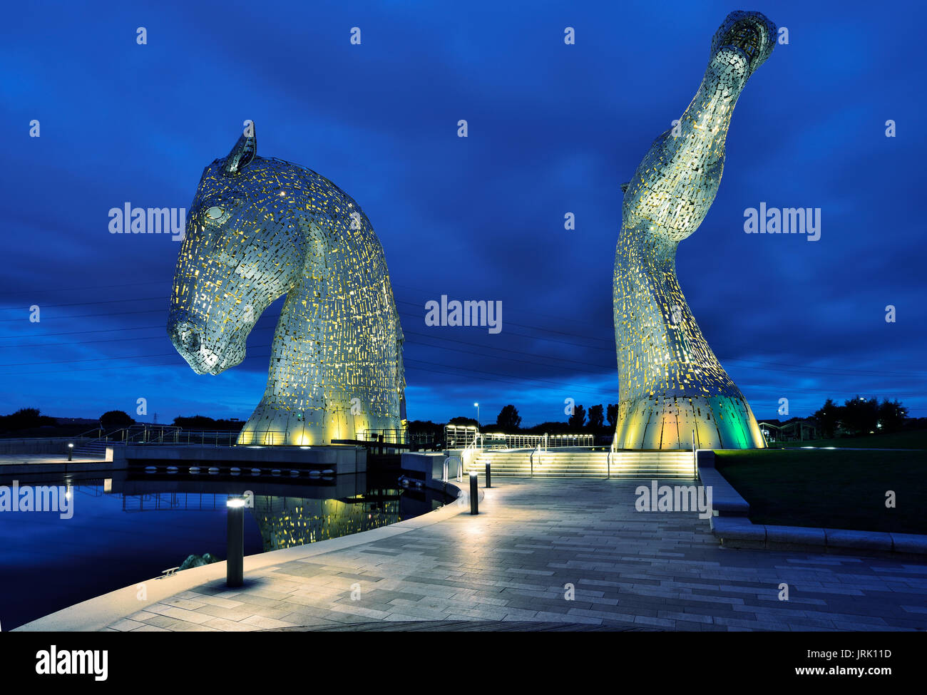 The Kelpies, 30metrehigh horsehead sculptures floodlit at night