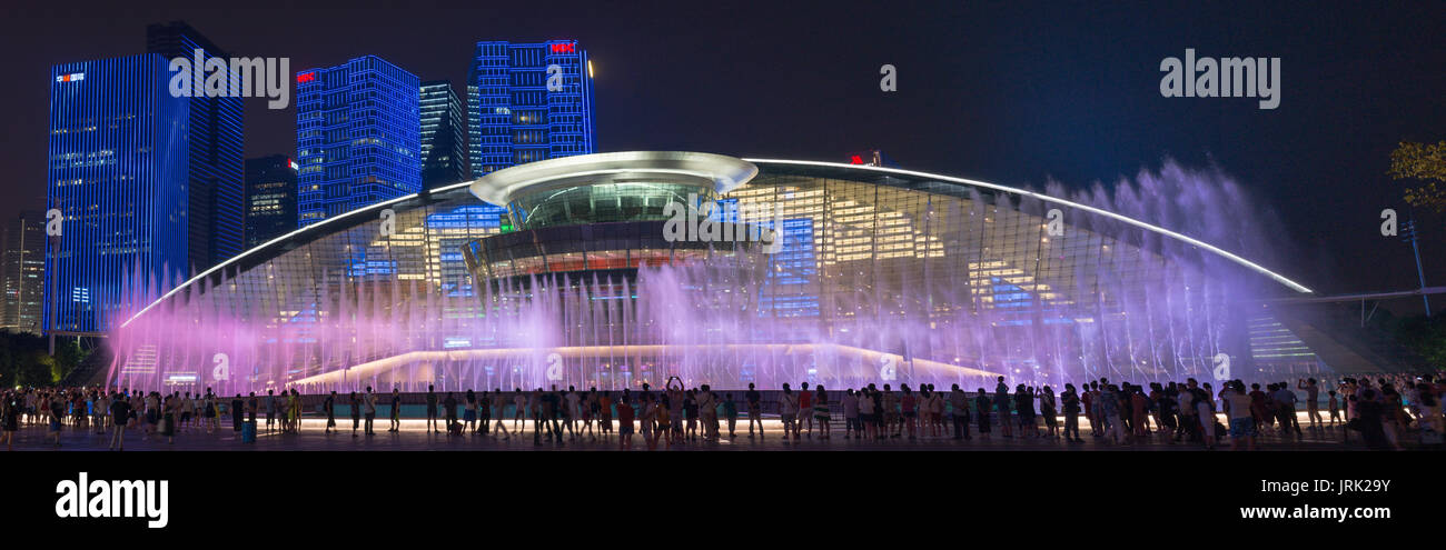 Hangzhou China, Night lights and Modern architecture the famous Grand Theatre is unique and lighted with memorizing designs and musical fountain show Stock Photo