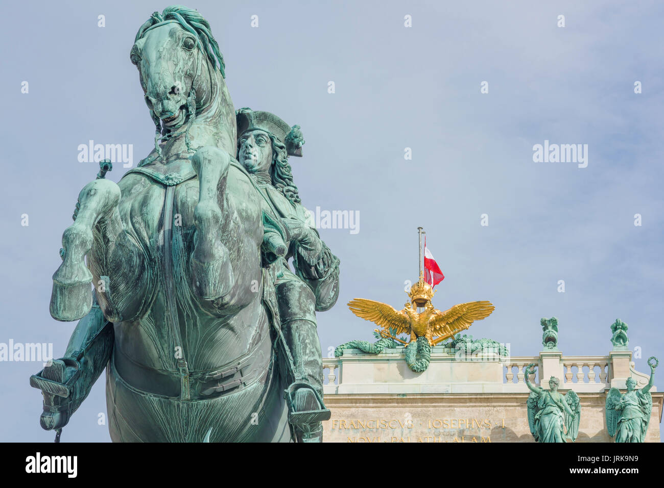Vienna Hofburg Palace,view of the statue of the Habsburg general Prince Eugene in  the Heldenplatz square in the Hofburg Palace, Vienna, Austria. Stock Photo