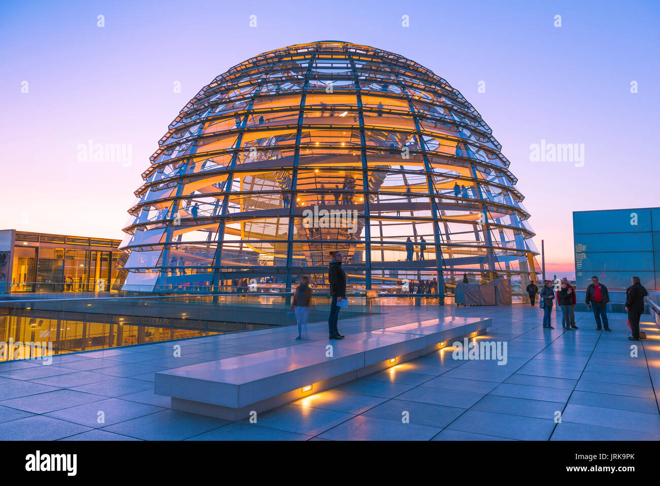 Berlin Reichstag dome, view of the glass cupola - or dome -  on the roof of the Reichstag building in Berlin at dusk, Germany. Stock Photo
