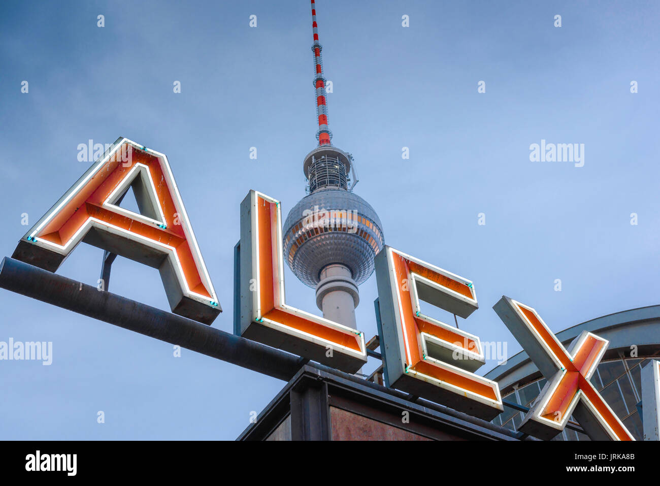 Berlin Alexanderplatz, view of detail of the famous red neon sign at Alexanderplatz train station, Berlin, Germany. Stock Photo