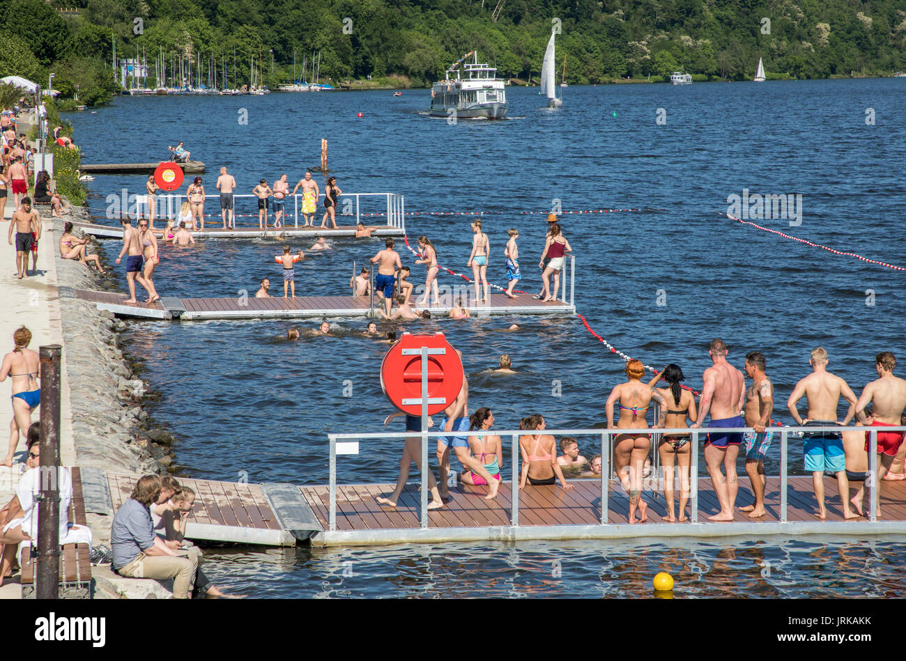 After a bathing ban in the river Ruhr, on the Baldeneysee lake, in Essen, Germany, after 46 years of bathing ban, you can bathe again, officially, in  Stock Photo