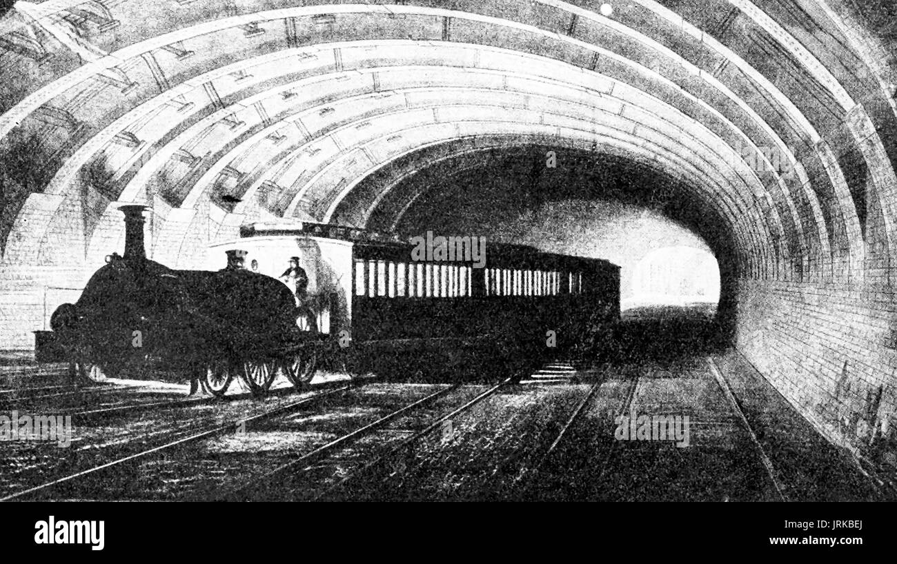London's first underground steam train  1863 Stock Photo