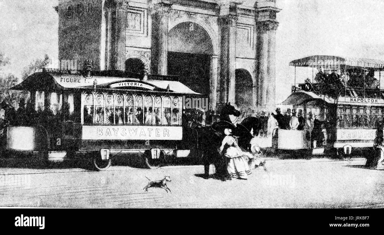 London's first horse-drawn tram services at Marble Arch Stock Photo
