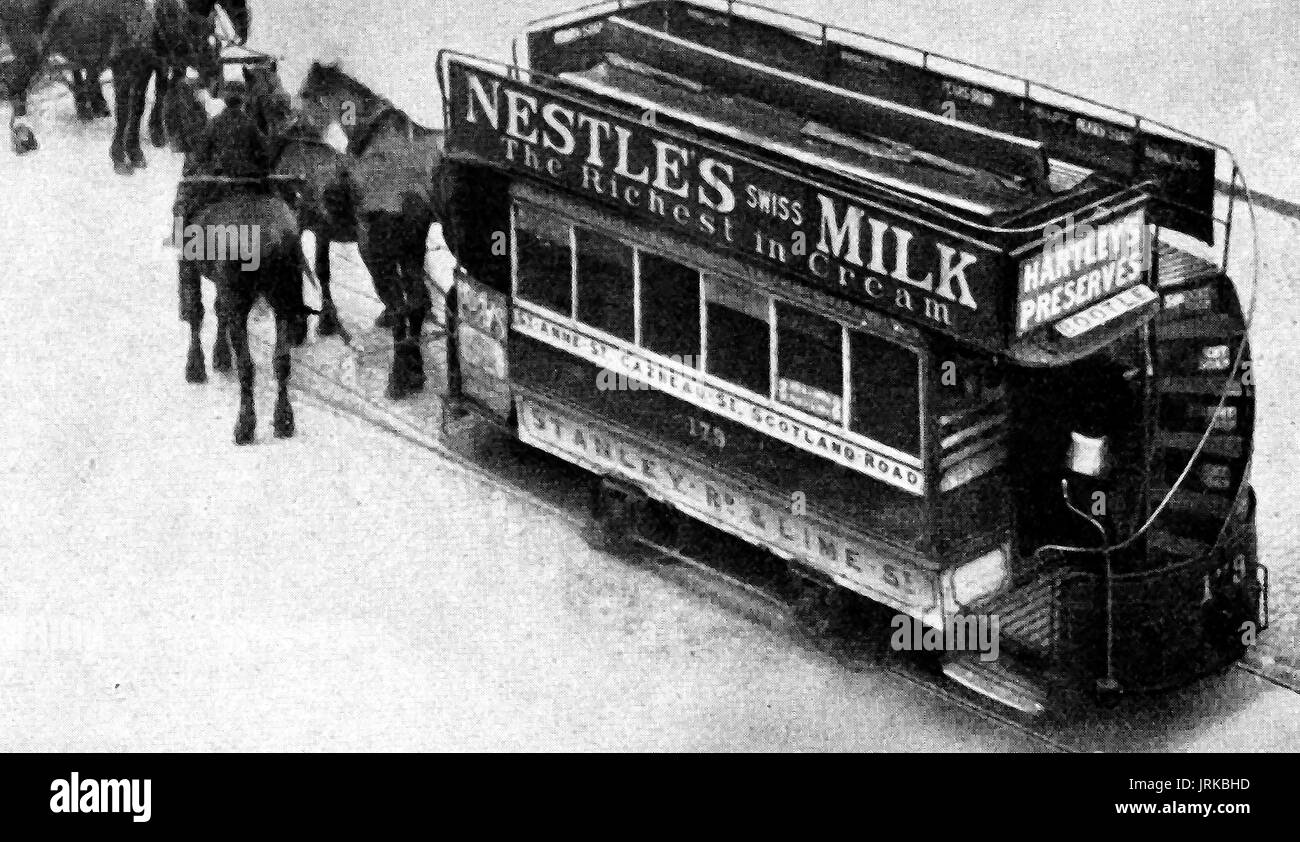 A Horse-drawn open top tram (179 Stanley Road -Lime Street)  -   Liverpool, England - circa 1898 Stock Photo