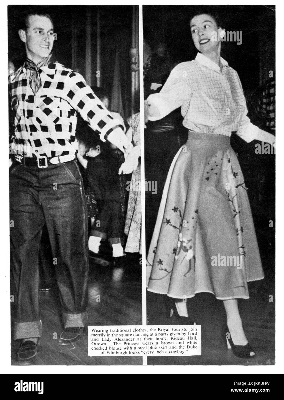 Magazine page illustration from  1951 showing the Duke of Edinburgh and Princess Elizabeth (later Queen Elizabeth II of Britain)  country dancing in Canada. Stock Photo