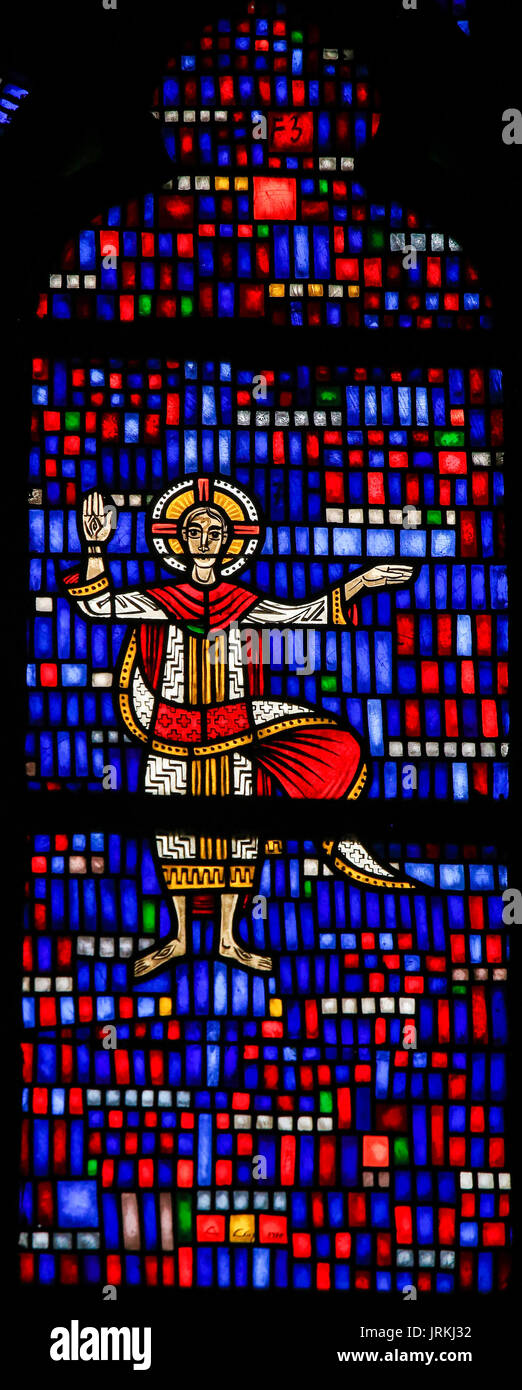 Jesus Christ on a Stained Glass in Wormser Dom in Worms, Germany Stock Photo