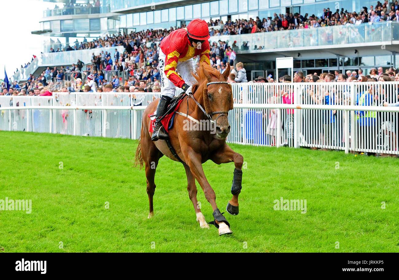 Aydoun and jockey Bryan Cooper win the O'Leary Insurances Maiden Hurdle during Super Saturday of the Galway Summer Festival at Galway Racecourse. Stock Photo