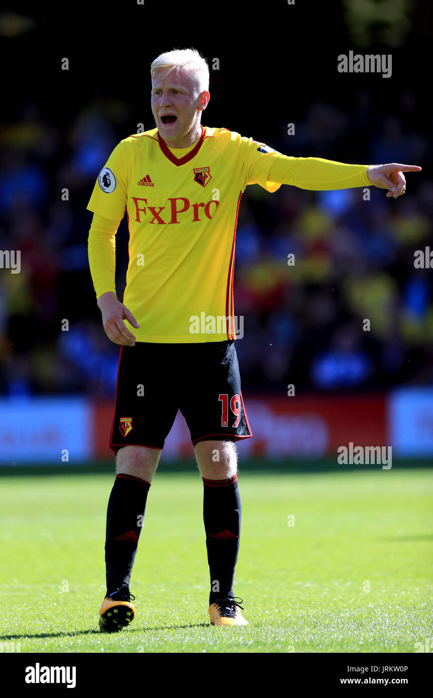 Watford's Will Hughes during the pre-season friendly match at Vicarage Road, Watford. PRESS ASSOCIATION Photo. Picture date: Saturday August 5, 2017. See PA story SOCCER Watford. Photo credit should read: Tim Goode/PA Wire. RESTRICTIONS: No use with unauthorised audio, video, data, fixture lists, club/league logos or 'live' services. Online in-match use limited to 75 images, no video emulation. No use in betting, games or single club/league/player publications. Stock Photo