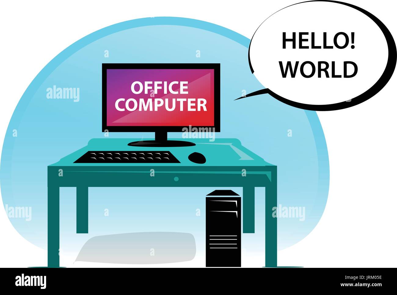 office computer with a table, keyboard, mouse and pc case , illustration design, isolated on white background. Stock Vector