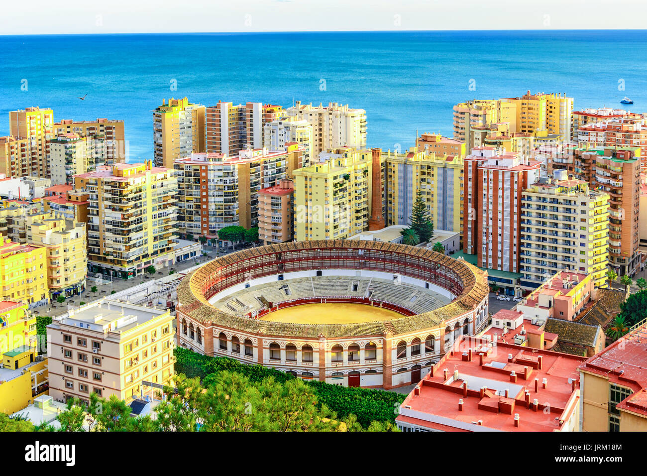 Overview of Malaga arena, Spain with the Plaza de Toros (bullring) in the foreground, Malaga,Andalusia,Costa del sol, Spain, Europe Stock Photo