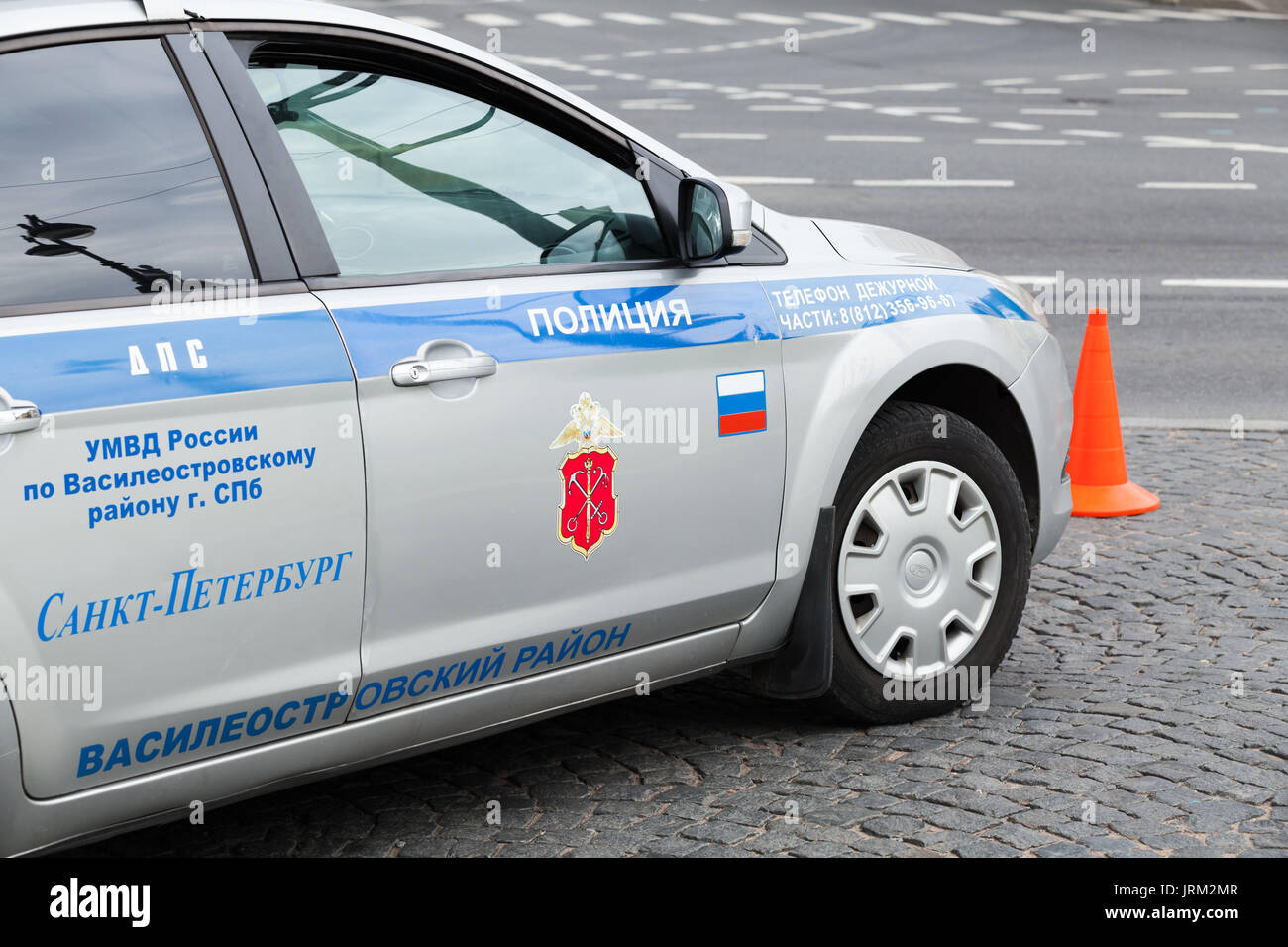 Saint-Petersburg, Russia - July 28, 2017: Russian traffic police car with Saint-Petersburg city coat of arm on door Stock Photo