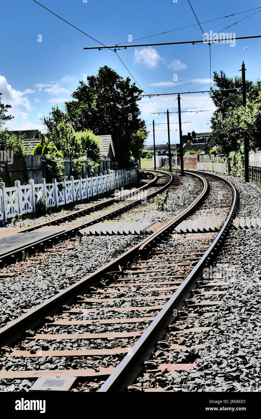 Rail tracks curving on bend between houses and trres Stock Photo Alamy