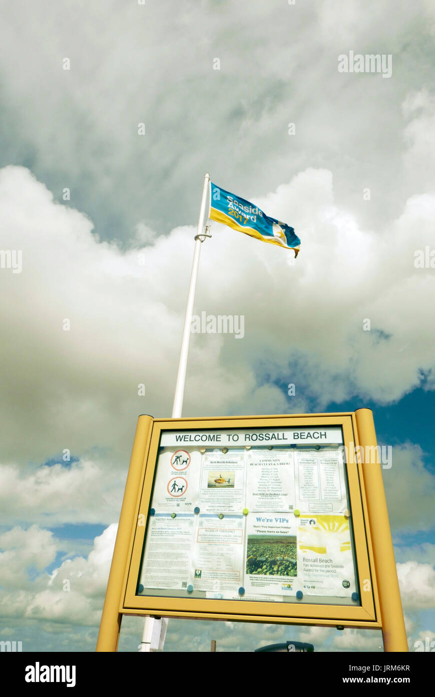 Rossall beach community notice board and Seaside Award for 2017 flag