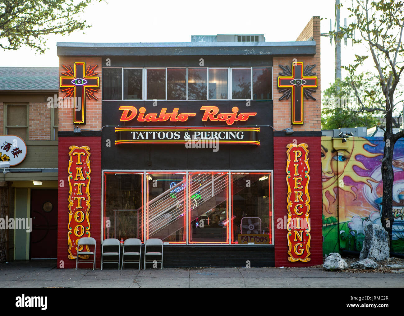 Facade of Diablo Rojo tattoo parlor in Austin, Texas. Stock Photo