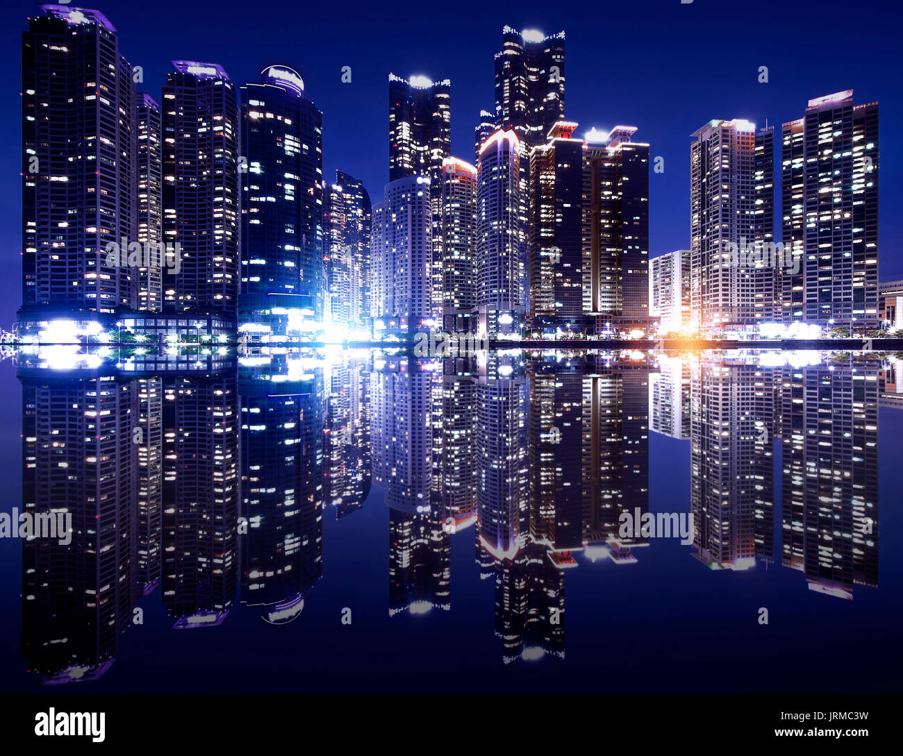 Busan cityscape with reflection effact, South Korea skyline.( Dark tone) Stock Photo