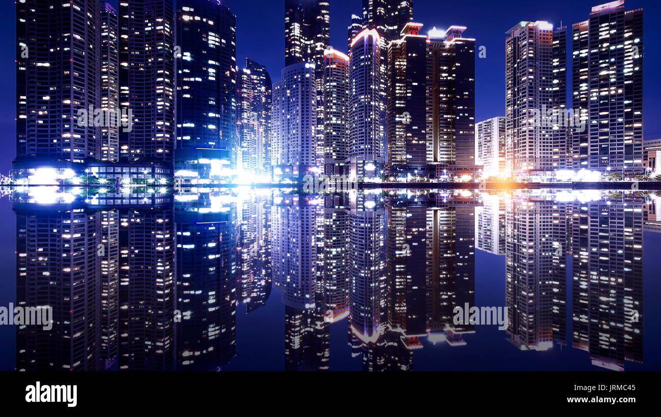 Busan cityscape with reflection effact, South Korea skyline.( Dark tone) Stock Photo