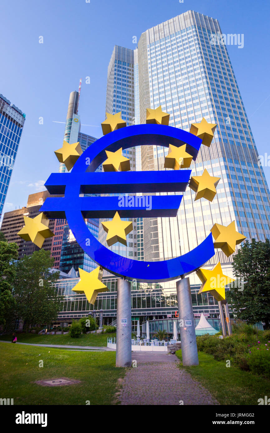 FRANKFURT, GERMANY - JUL 11, 2013: Euro sign outside the European Central Bank. The ECB is building new premises in Frankfurt, due for completion in 2 Stock Photo