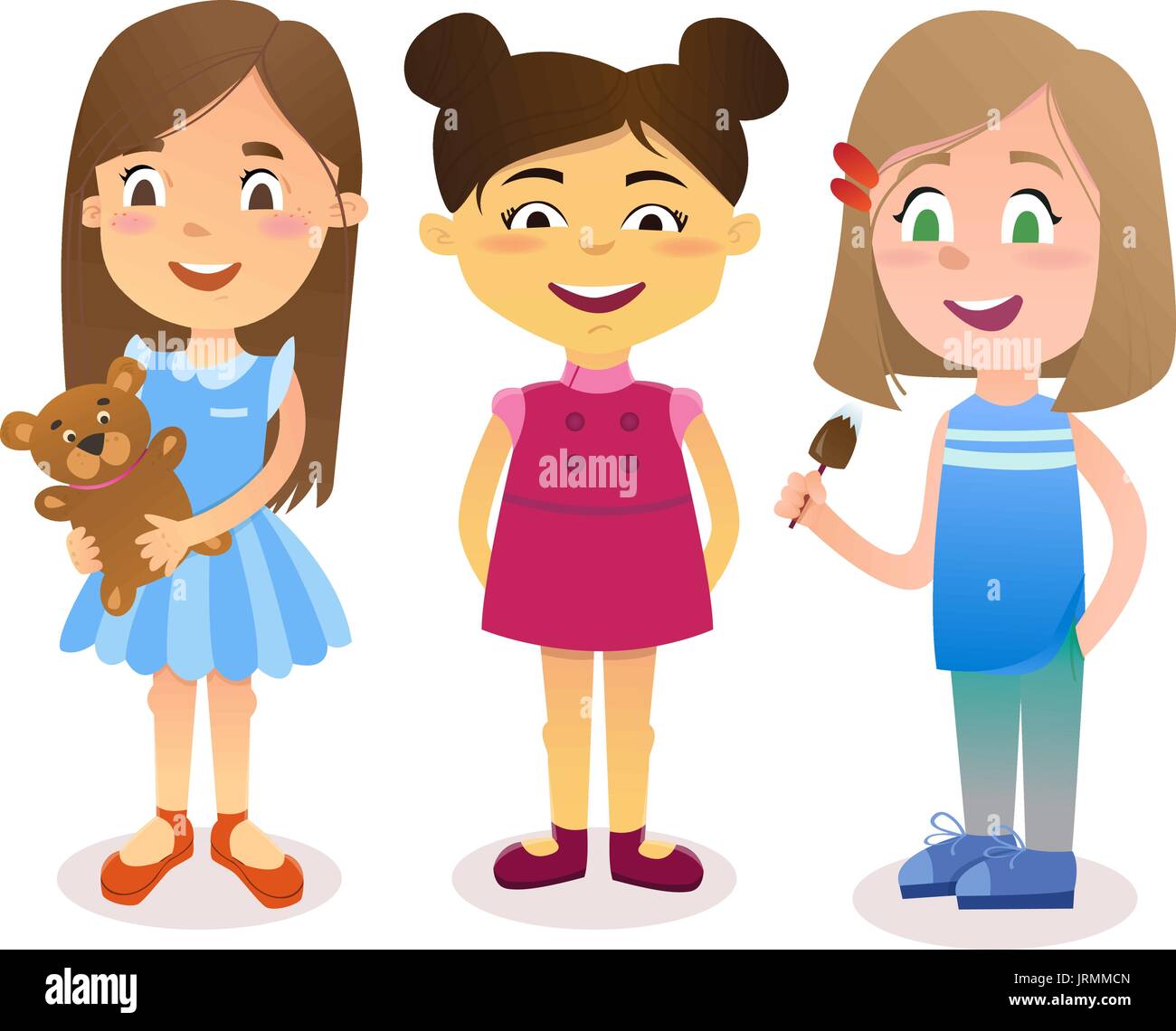 Little cute cartoon girl set. Children smiling and holding teddy bear and  candy. Kid emotion vector illustration Stock Vector Image & Art - Alamy