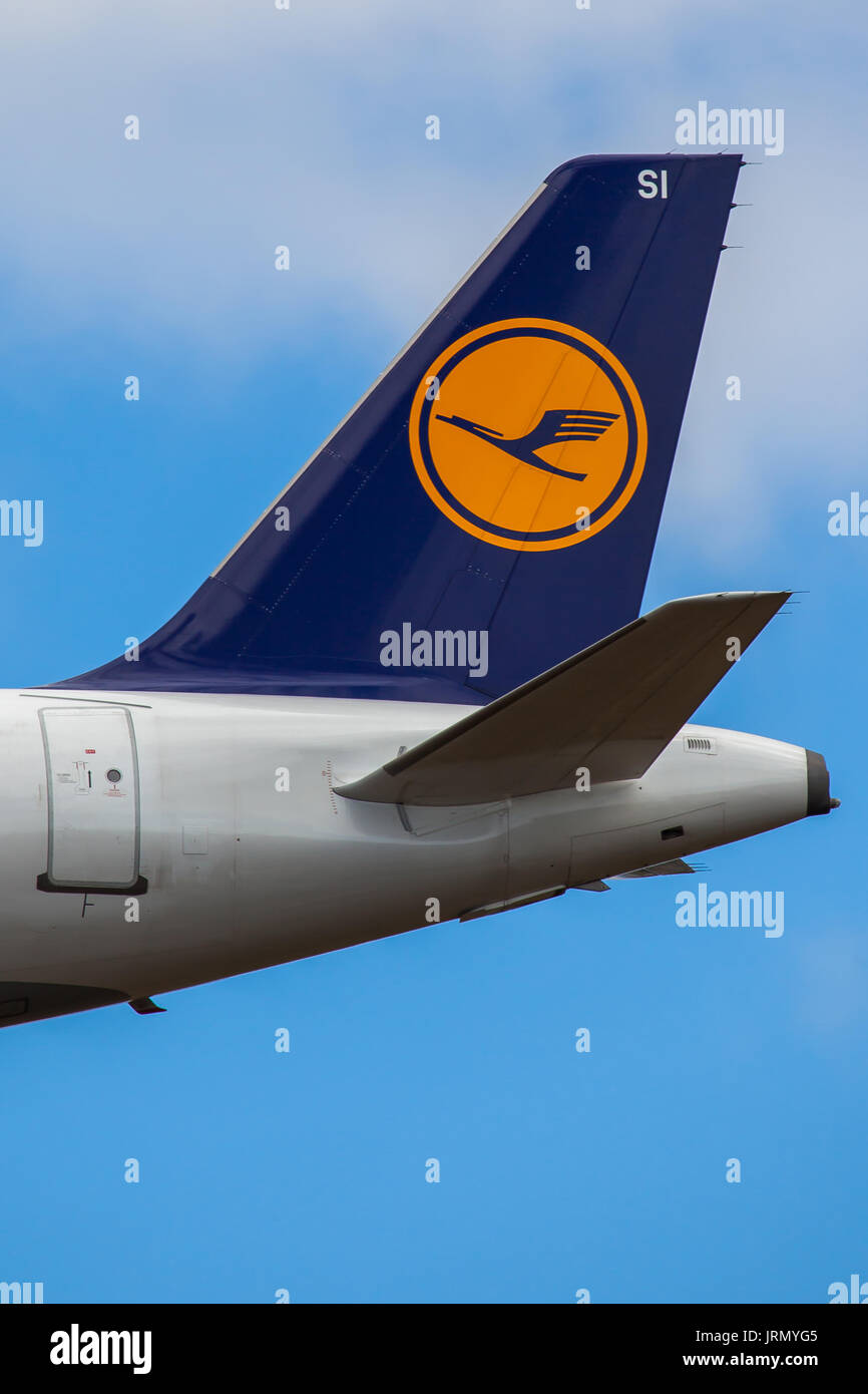 Lufthansa logo on aircraft tail. Stock Photo
