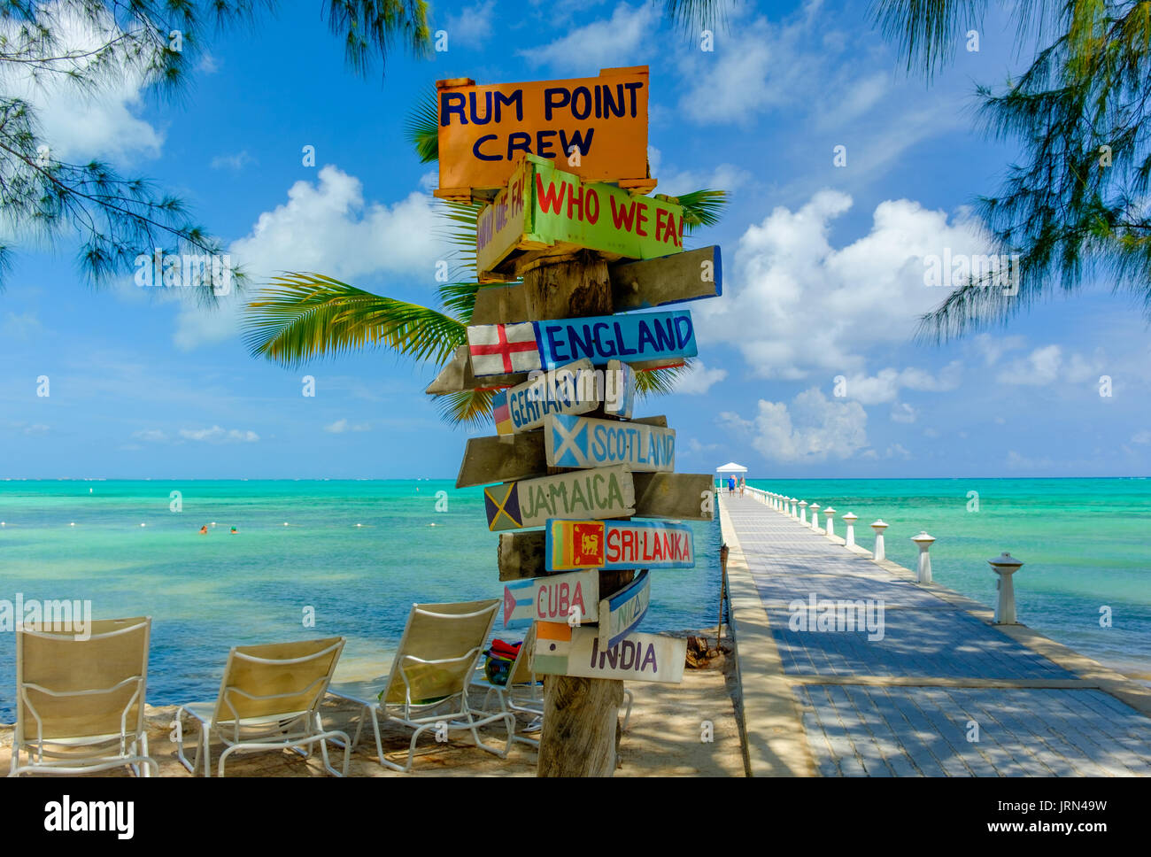 Signpost by a jetty and the Caribbean Sea at Rum Point, Grand Cayman, Cayman Islands Stock Photo