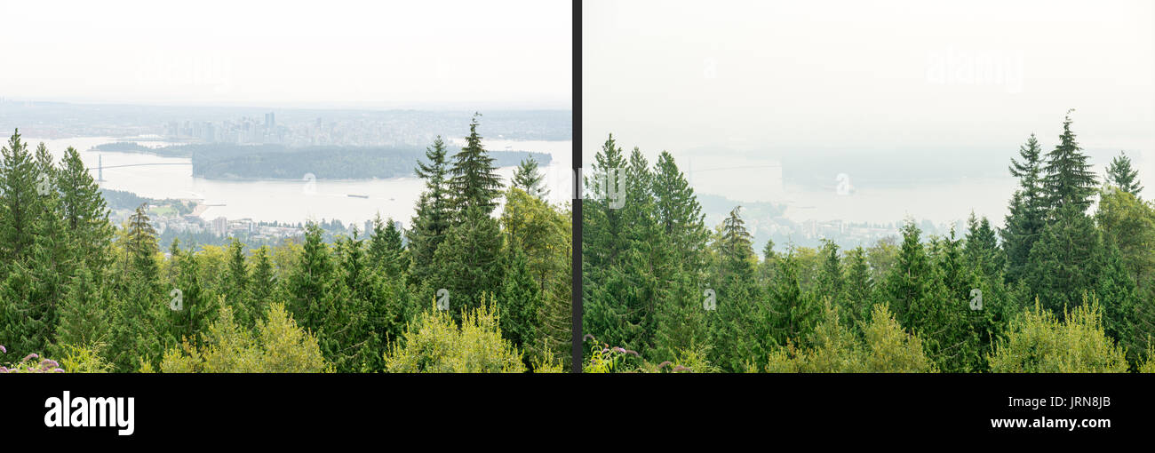 Photos taken days apart show smoke from British Columbia wildfires filling Vancouver air and making the city disappear in a sky filled with haze. Stock Photo