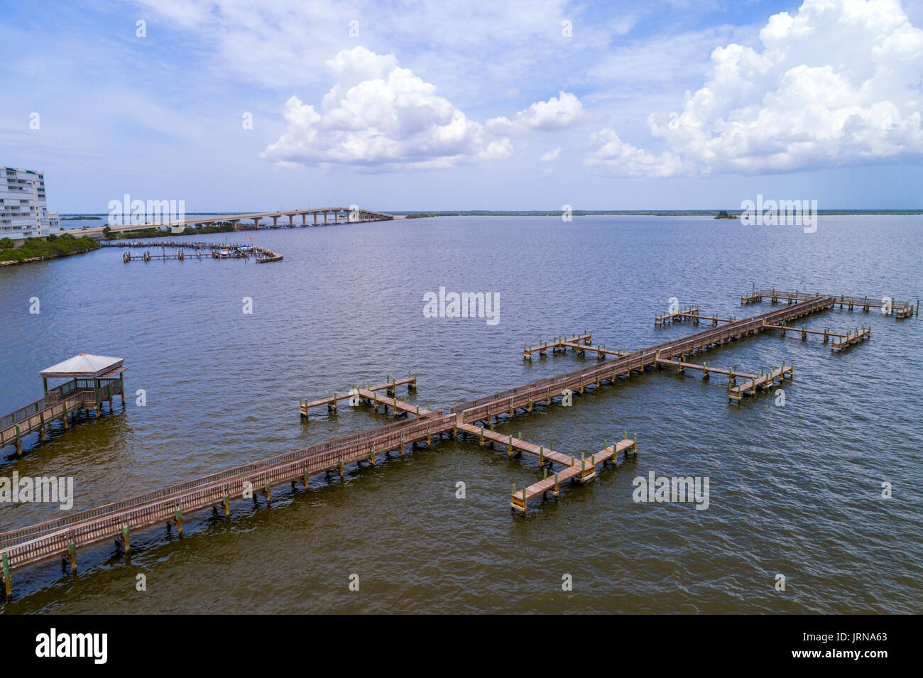 Florida,Titusville,Indian River water,Space View Park Pier,bridge,A Max Brewer Memorial Parkway,aerial overhead bird's eye view above,visitors travel Stock Photo