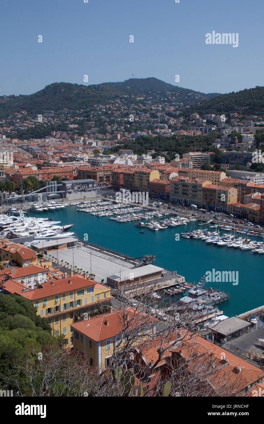 High angle view of waterfront marina with yachts and super yachts, Nice, France Stock Photo
