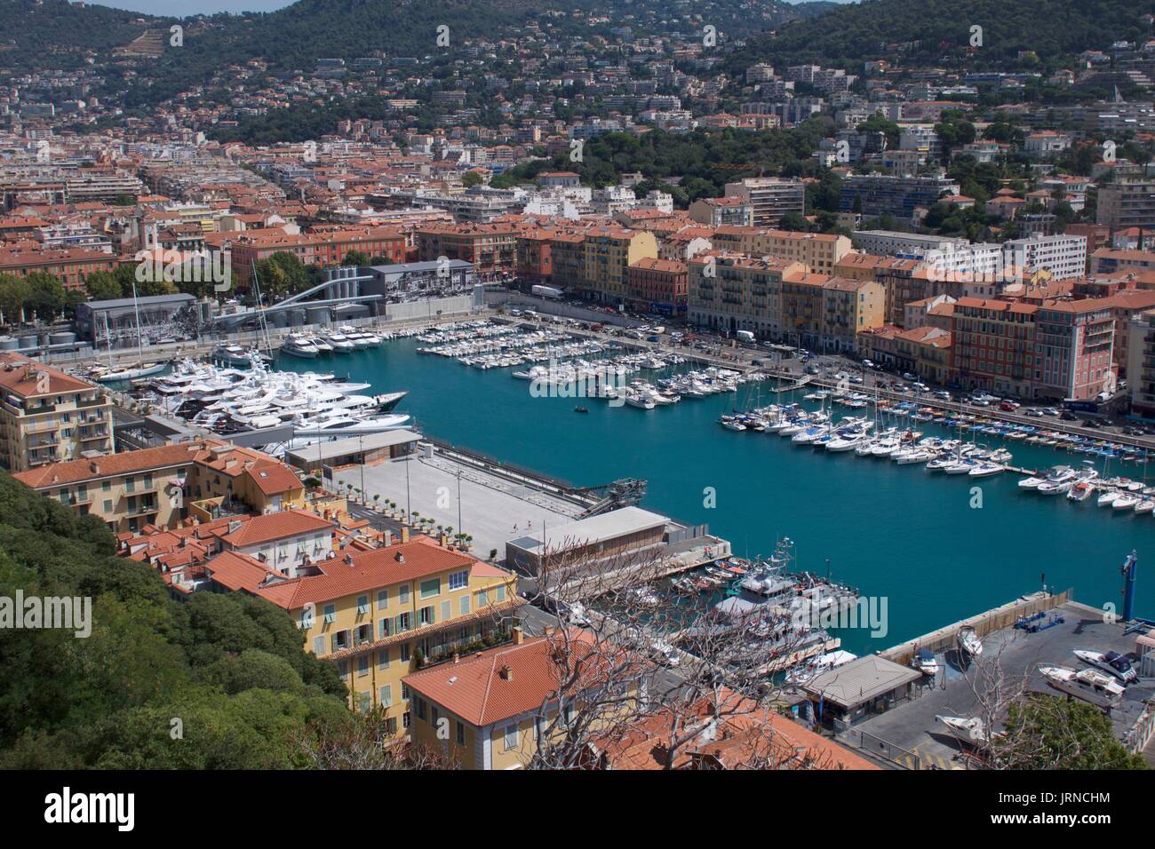 High angle view of waterfront marina with yachts and super yachts, Nice, France Stock Photo