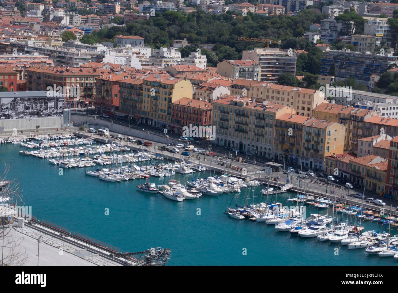 High angle view of waterfront marina and yachts, Nice, France Stock Photo