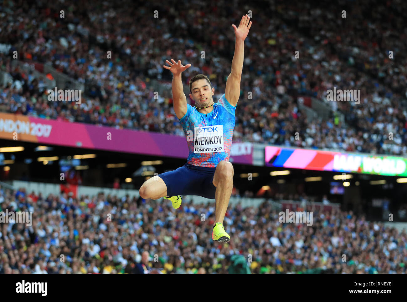 Aleksandr Menkov in action in the Men's Long Jump Final during day two of the 2017 IAAF World Championships at the London Stadium. Stock Photo