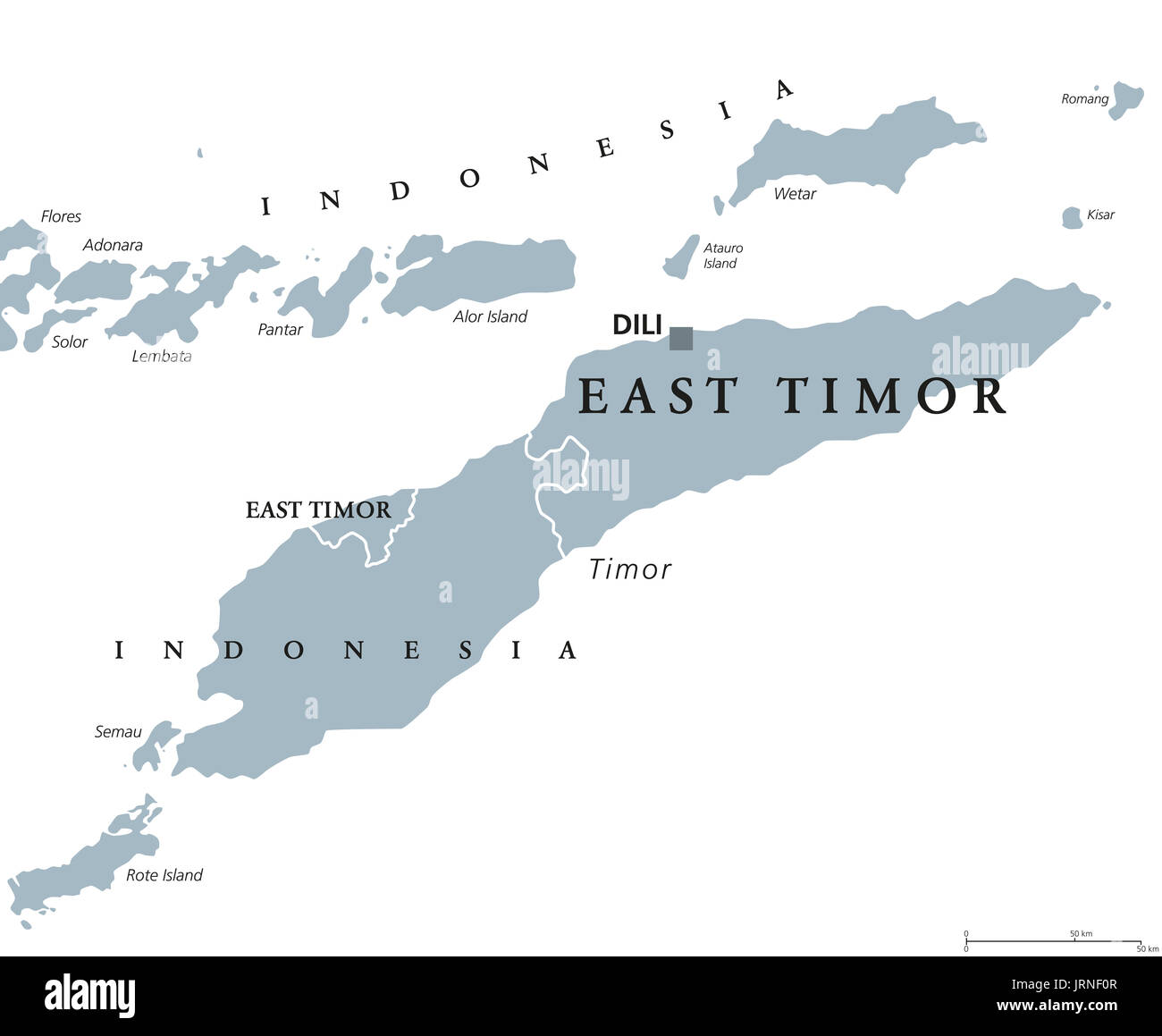 East Timor or also Timor Leste political map with capital Dili. English labeling. Democratic republic and sovereign state in Maritime Southeast Asia. Stock Photo