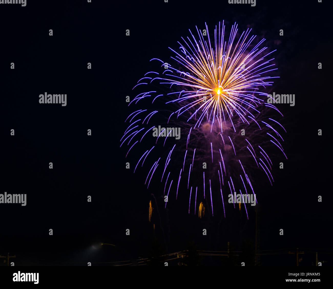 Fireworks display of bright blue and gold colors against a black background during an evening of celebration of a national holiday. Stock Photo