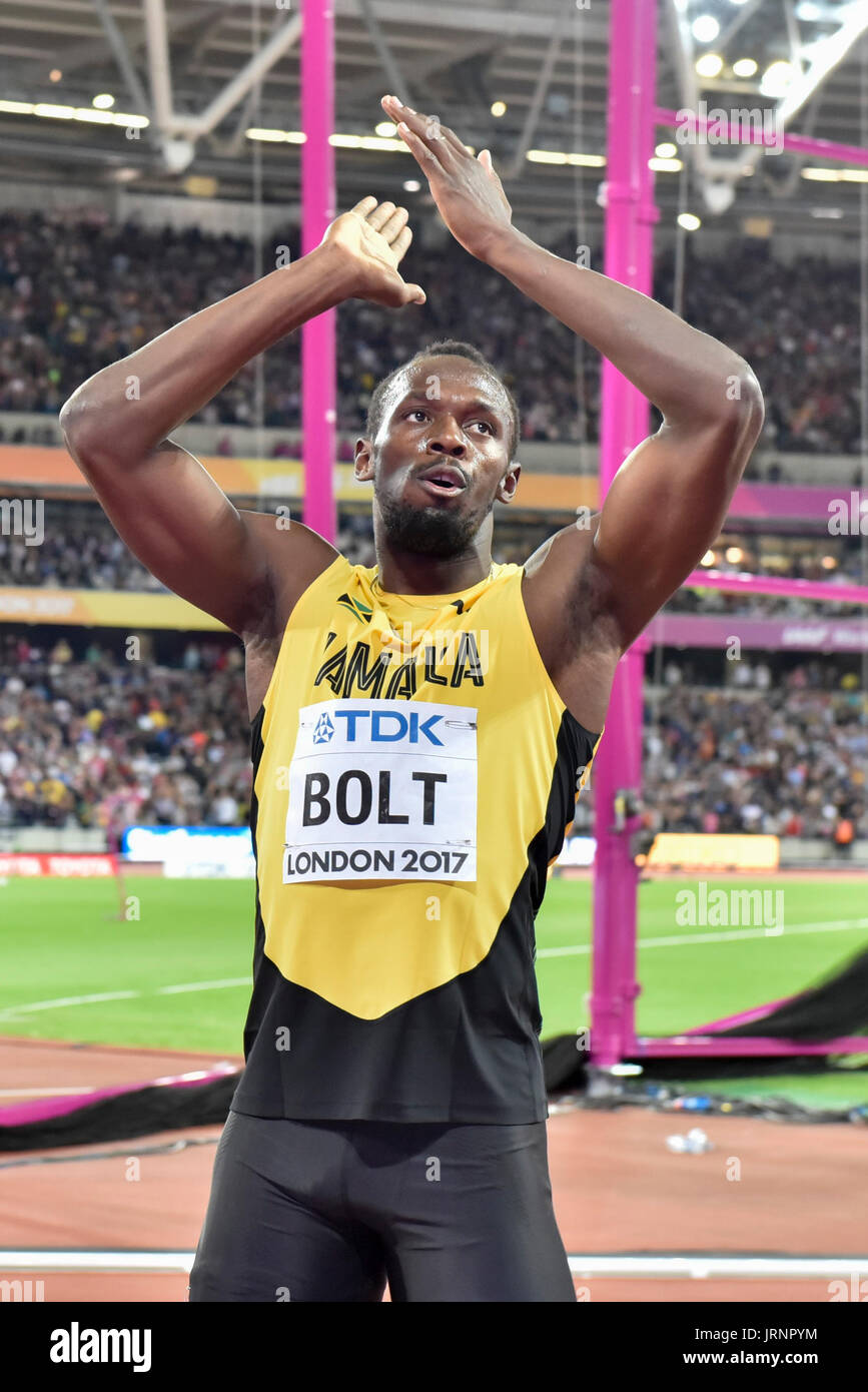 London, UK. 5 August 2017. Usain Bolt reacts to coming third in the Men's  100m final at the London Stadium, on day two of The IAAF World  Championships London 2017, his last