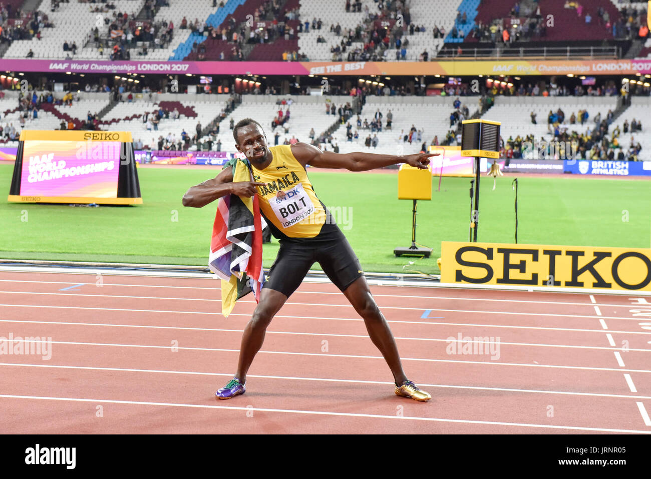 London, UK. 5 August 2017. Usain Bolt strikes his lightning bolt Stock