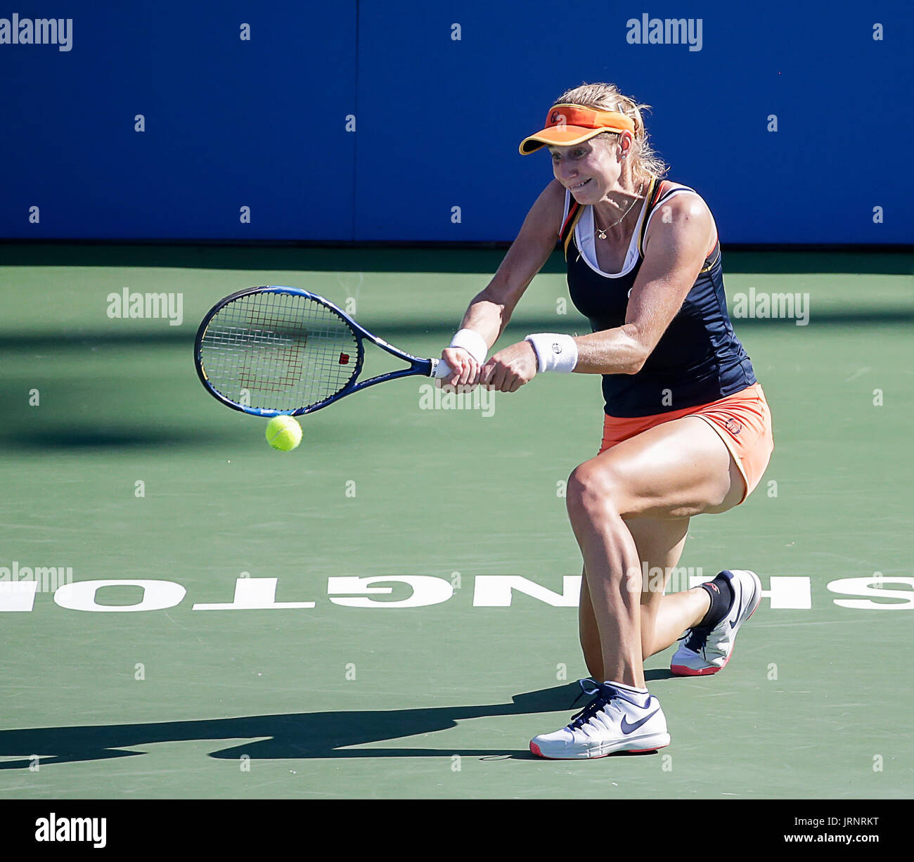 August 5, 2017: Ekaterina Makarova (RUS) gets down on a knee to play the ball back to Oceane Dodin (FRA) during a semi final match at the 2017 Citi Open tennis tournament being played at Rock Creek Park Tennis Center in Washington, DC Justin Cooper/CSM Stock Photo