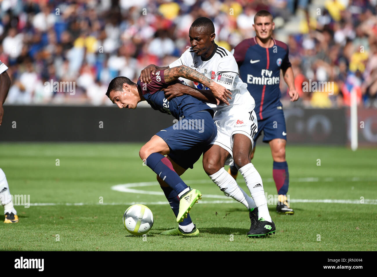 Paris. 5th Aug, 2017. Angel Di Maria (L) from Paris Saint Germain competes with Abdou Adenon (R) from Amiens SC during their match of French Ligue 1 2017-18 season 1st round in Paris, France on Aug. 5, 2017. Paris Saint Germain won Amiens SC with 2-0. Credit: Jean-Marie Hervio/Xinhua/Alamy Live News Stock Photo