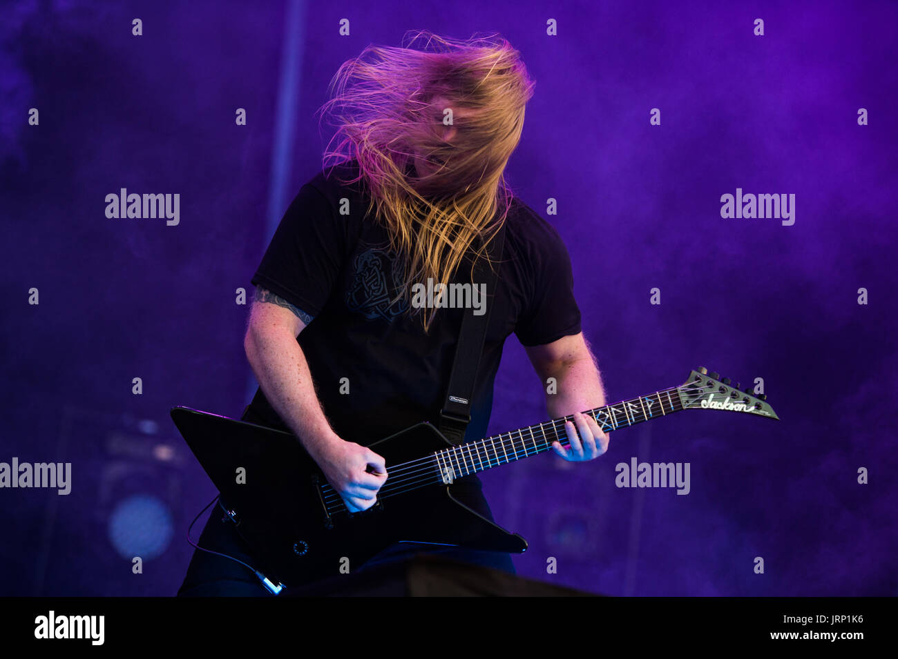 Wacken, Germany. 05th Aug, 2017. Olavi Mikkonen, guitar player of the  melodic death metal band "Amon Amarth", performing on the Harder Stage of  the Wacken Open Air Festival in Wacken, Germany, 05