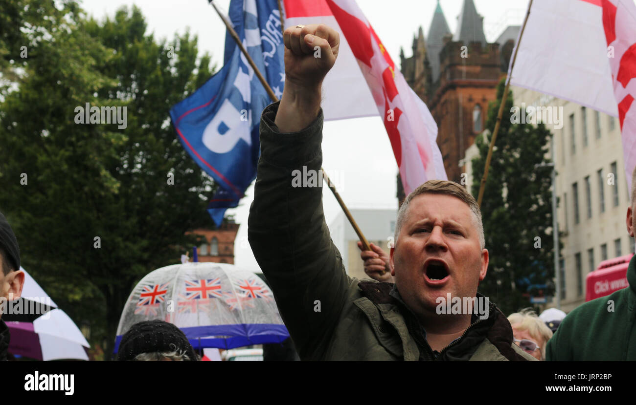 Belfast, UK. 06th Aug, 2017. Britain first leader, Paul Golding takes part in the chanting at a rally in Belfast Credit: Conall Kearney/Alamy Live News Stock Photo