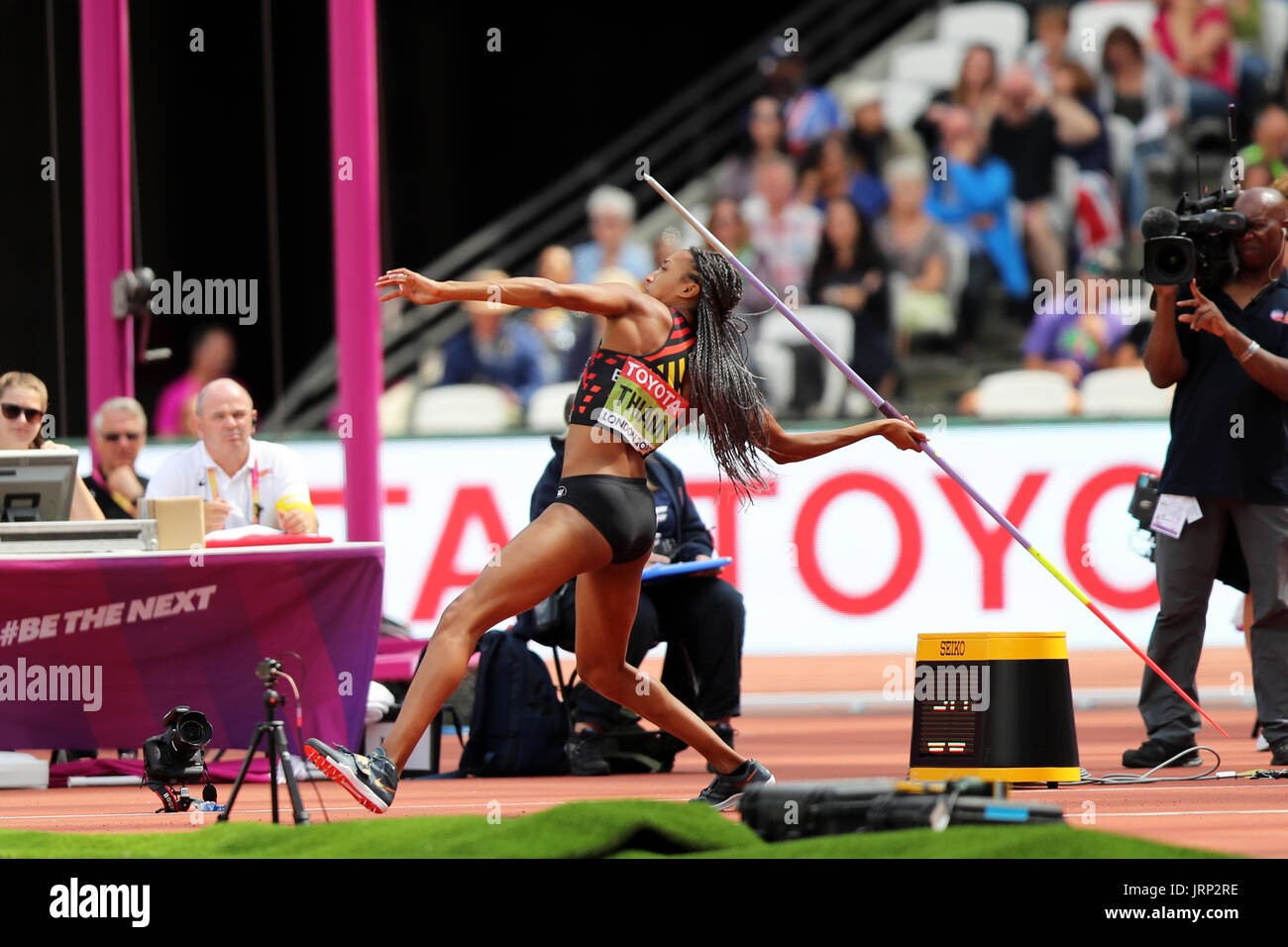 London, UK. 6th August, 2017. Nafissatou THIAM of Belgium competing in the Heptathlon Javelin throw at the 2017, IAAF World Championships, Queen Elizabeth Olympic Park, Stratford, London, UK. Credit: Simon Balson/Alamy Live News Stock Photo