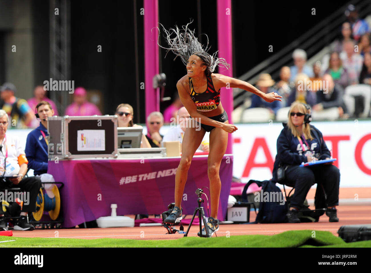 London, UK. 6th August, 2017. Nafissatou THIAM competing in the Heptathlon Javelin throw at the 2017, IAAF World Championships, Queen Elizabeth Olympic Park, Stratford, London, UK. Credit: Simon Balson/Alamy Live News Stock Photo