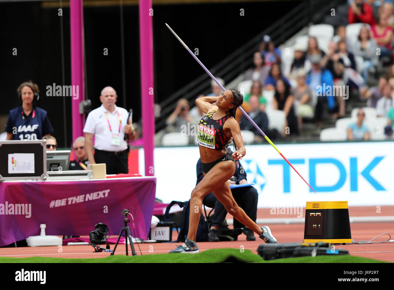 London, UK. 6th August, 2017. Nafissatou THIAM of Belgium competing in the Heptathlon Javelin throw at the 2017, IAAF World Championships, Queen Elizabeth Olympic Park, Stratford, London, UK. Credit: Simon Balson/Alamy Live News Stock Photo