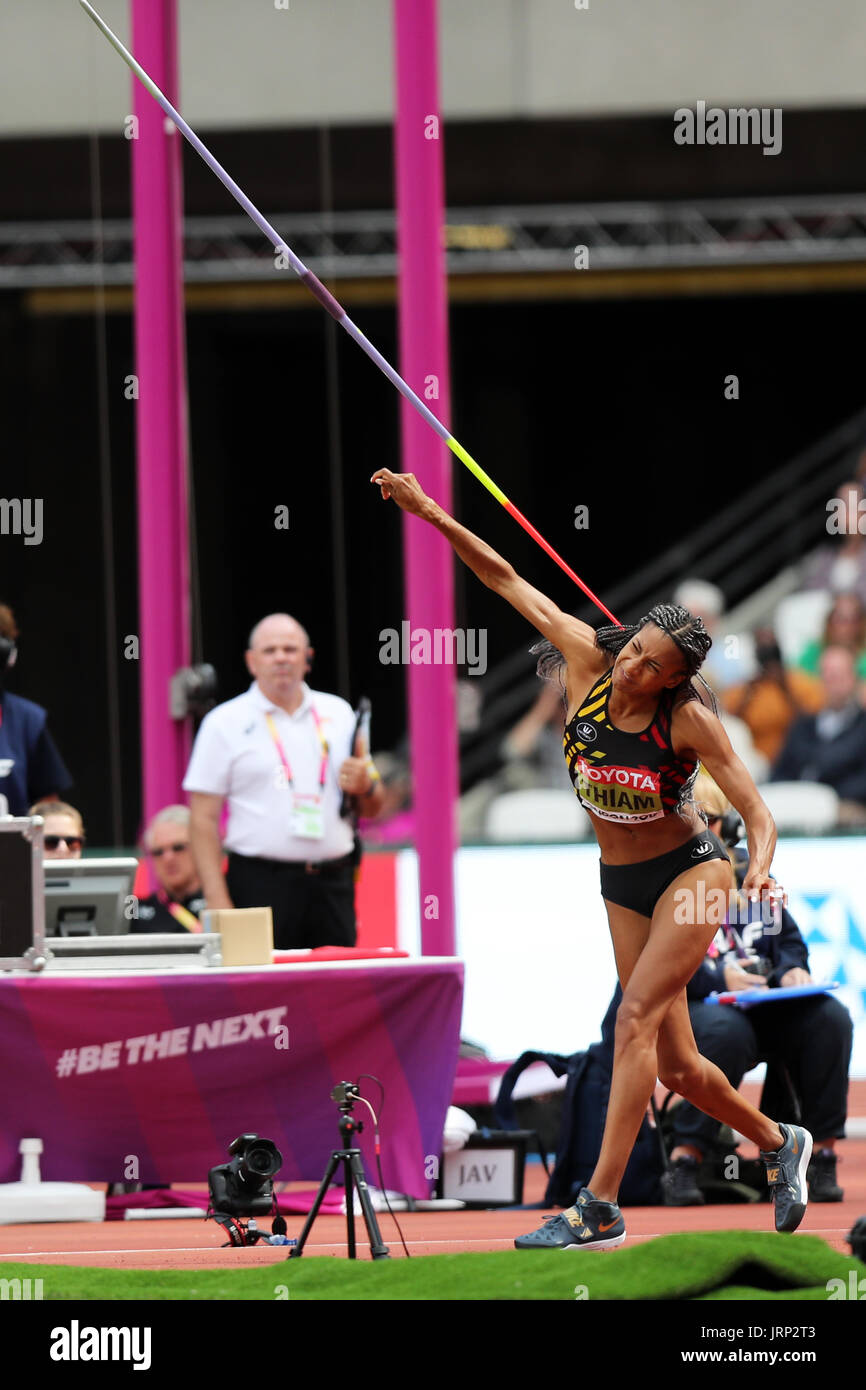 London, UK. 6th August, 2017. Nafissatou THIAM of Belgium competing in the Heptathlon Javelin throw at the 2017, IAAF World Championships, Queen Elizabeth Olympic Park, Stratford, London, UK. Credit: Simon Balson/Alamy Live News Stock Photo